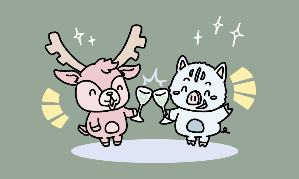 cute illustration with two animals cheering